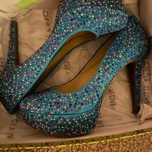 Blue Rhinestone Platform Heels